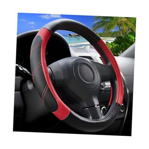 Car Steering Wheel Cover, 14.5-15" Non-Slip Leather Sporty Vehicle Black/Red