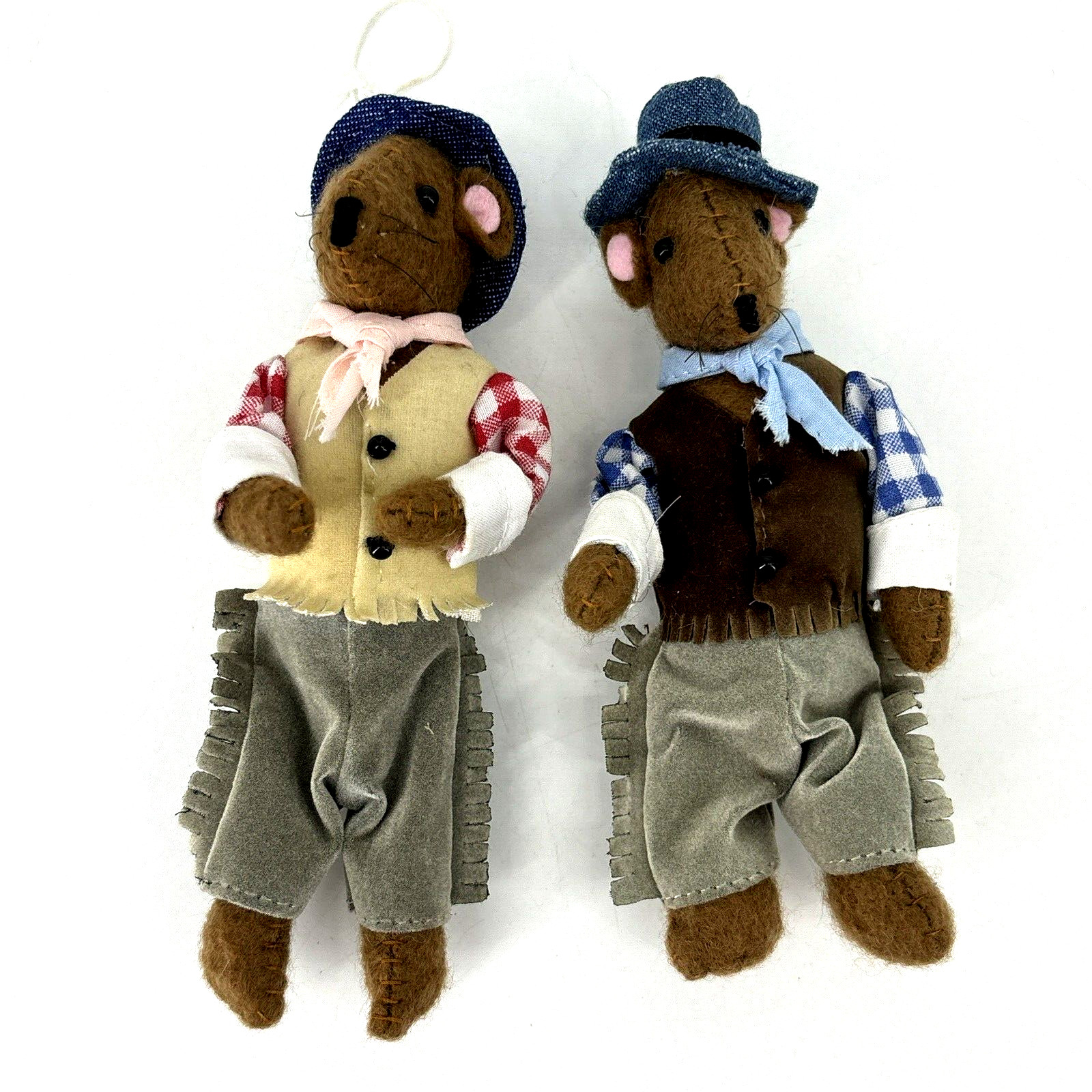 Vintage Rat Wool Handmade Christmas Ornament Lot of 2 Mouse Cowboys Western