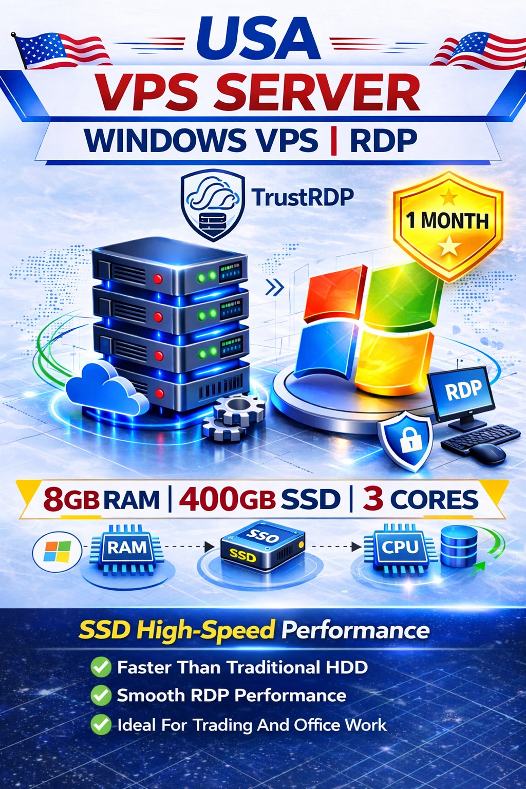 USA Windows VPS Server / RDP Server / Windows VPS Hosting - 8GB RAM + 400GB SSD