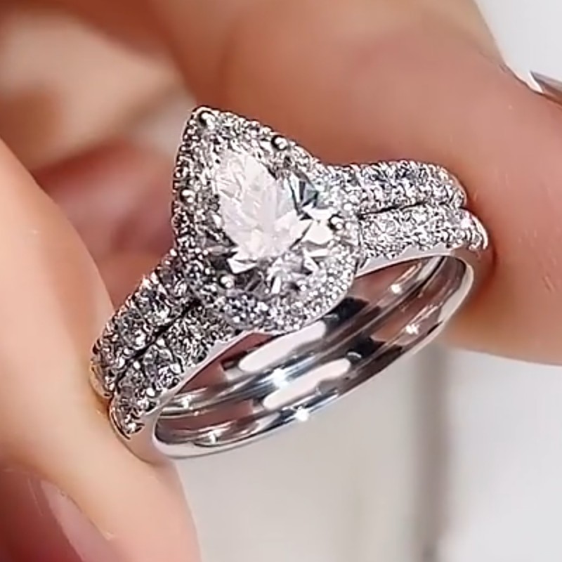 2.7Ctw Pear Cut Moissanite Halo Bridal Set Engagement Ring 14K White Gold Plated