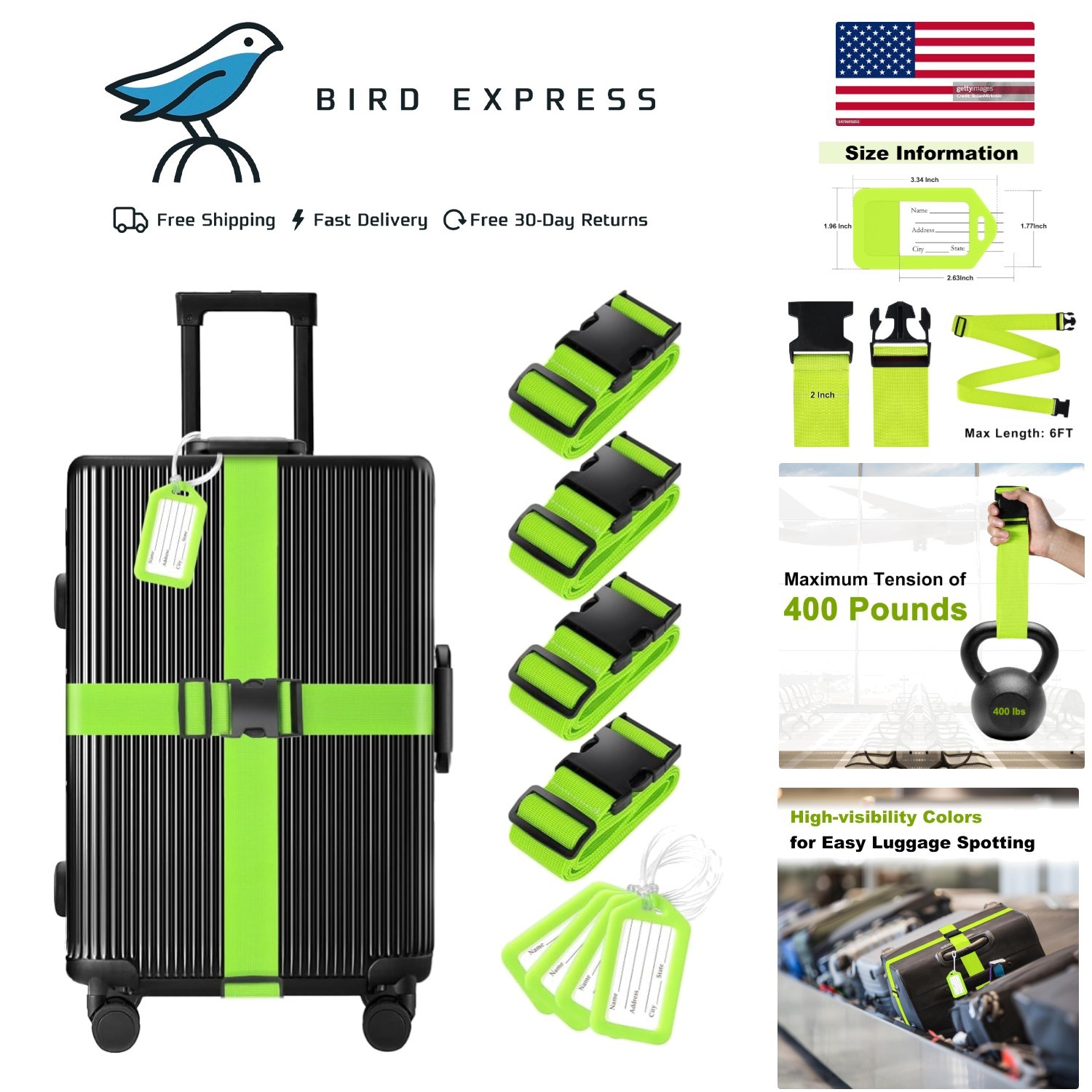 8 Pack Luggage Straps and Tags Set TSA Approved Travel Belt Durable Nylon- Green