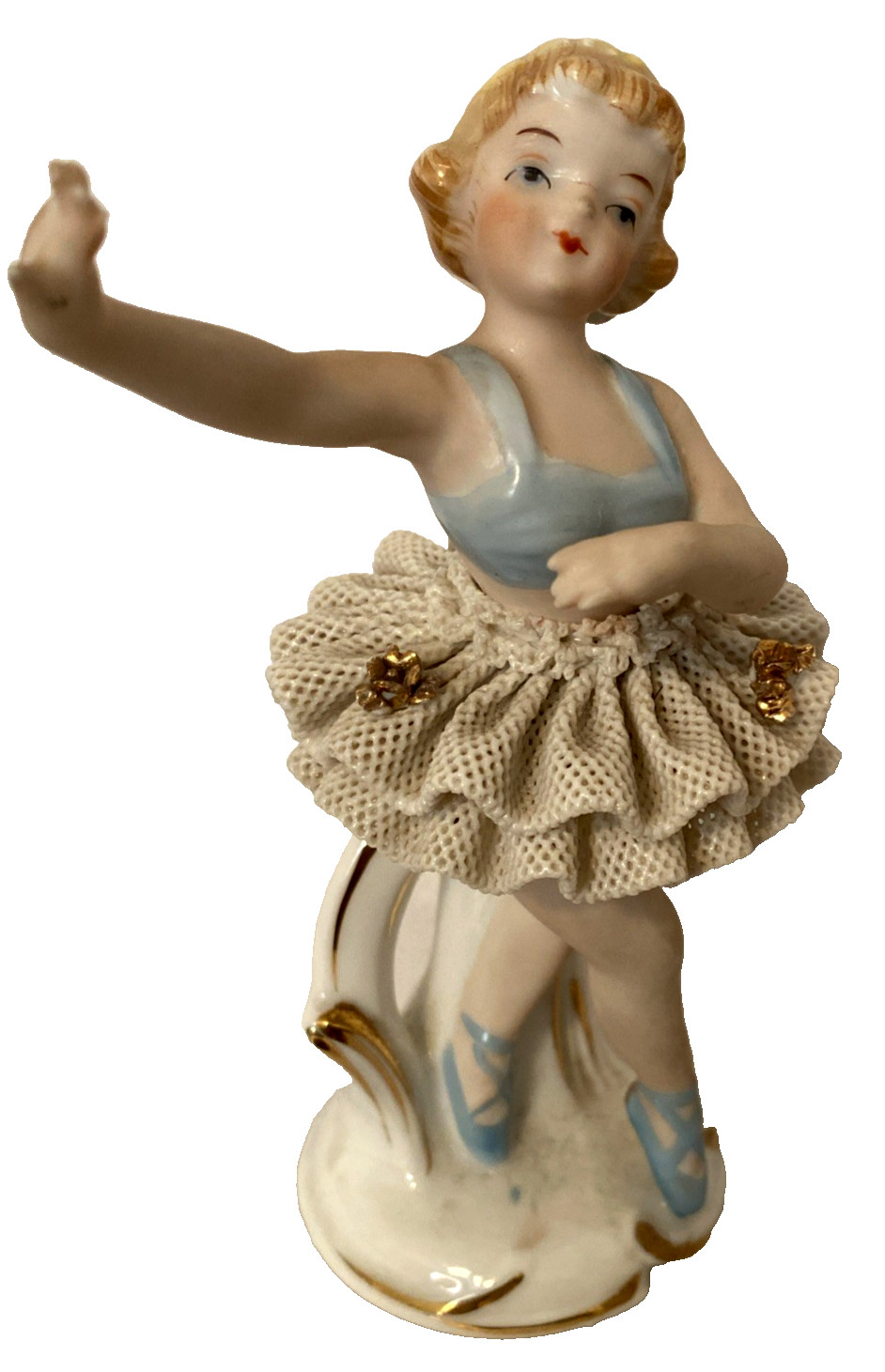 Vintage Porcelain Ballerina Figurine Ruffled Lace Tutu Gold Trim light Blue 5"