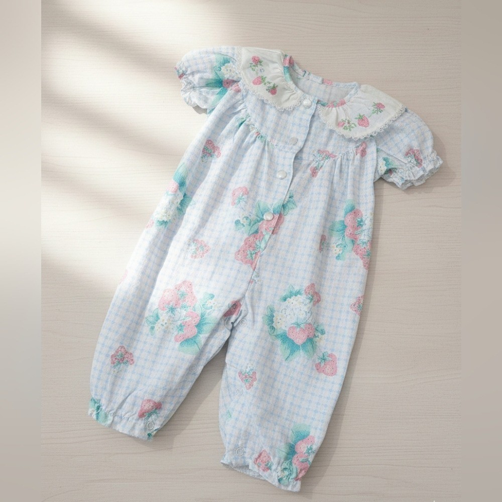 Vintage Strawberry Baby Girl Romper Embroidered Peter Pan Kawaii Cottagecore