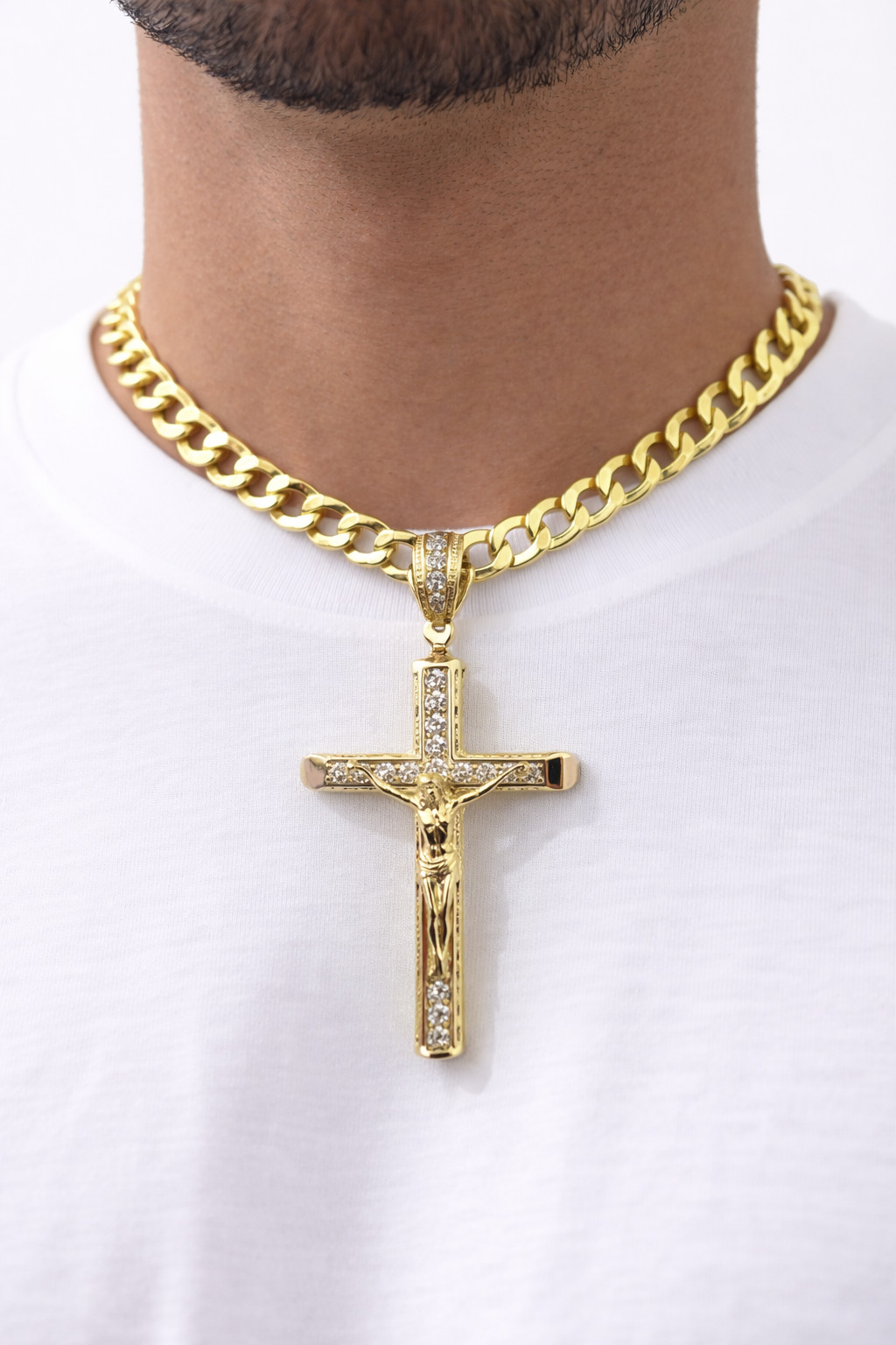 10k Yellow Gold Cuban Curb Chain Crucifix Cross Pendant Charm 8mm Necklace Men