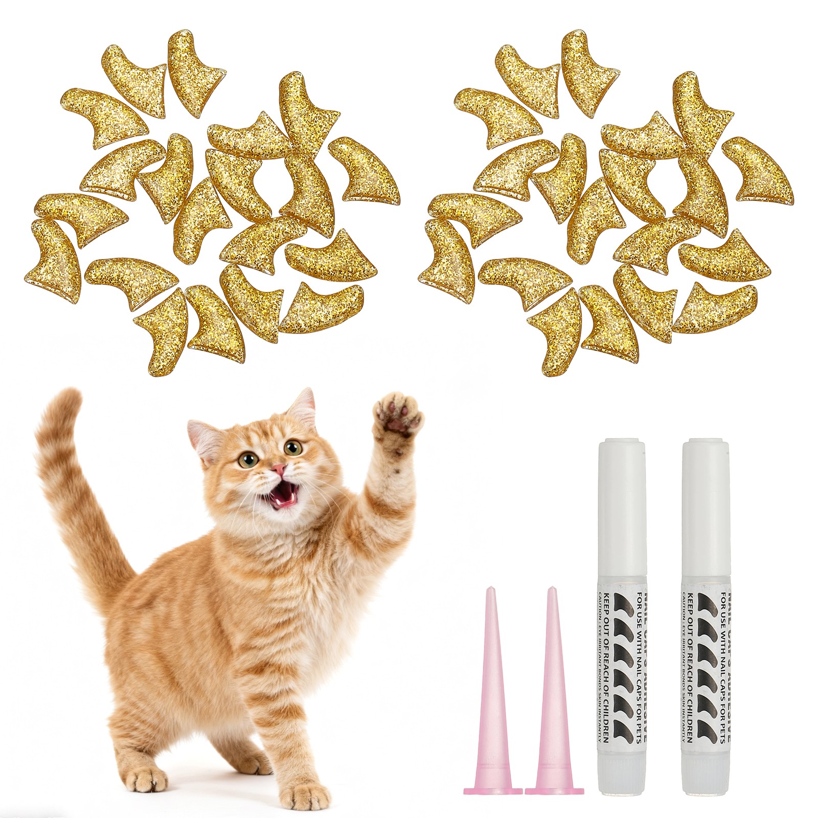 Cat Nail Caps, Cat Claw Covers with Adhesive Glue (40 Pcs, L, Crystal Gold)