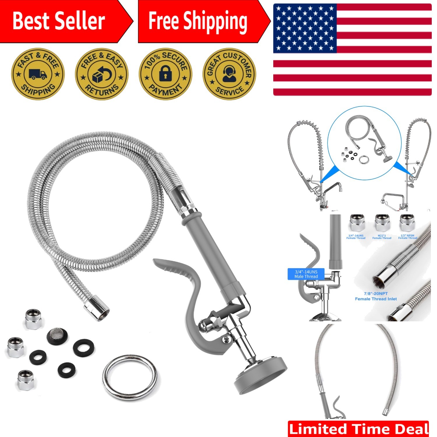 Versatile Flexible Kitchen Sprayer with 45" Stainless Steel Hose & Multiple Use