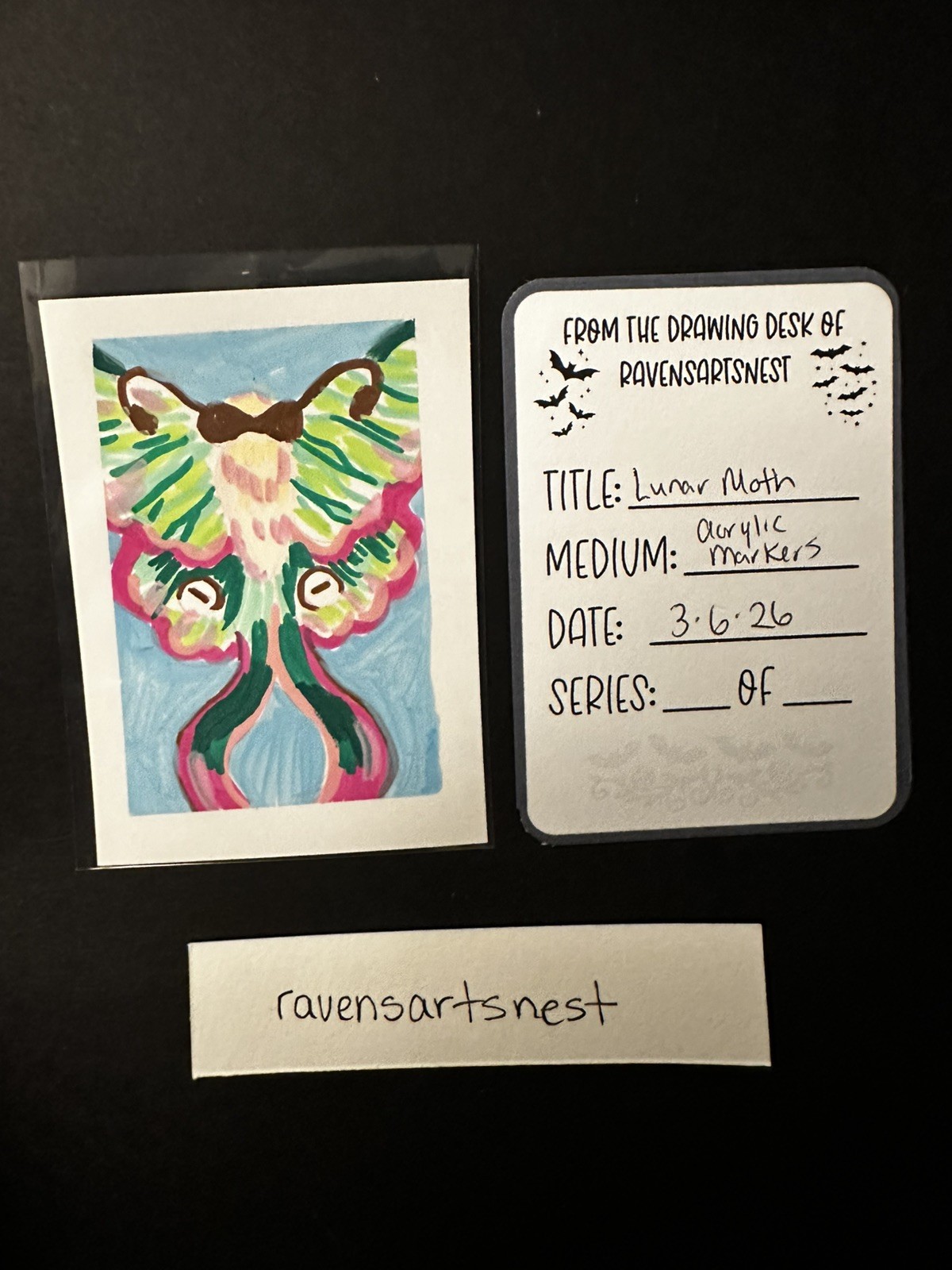 Aceo “Lunar Moth ” Original Miniature Painting RavensArtsNest Signed 2.5x3.5in