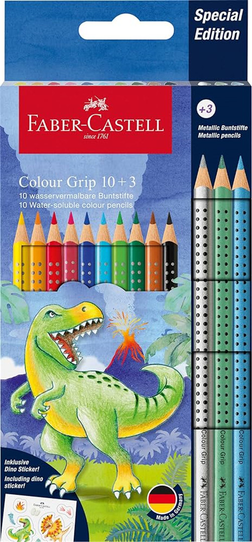 Pencil Case 10 Colour Grip Pencils + 3 Metallic Dinosaur Edition |