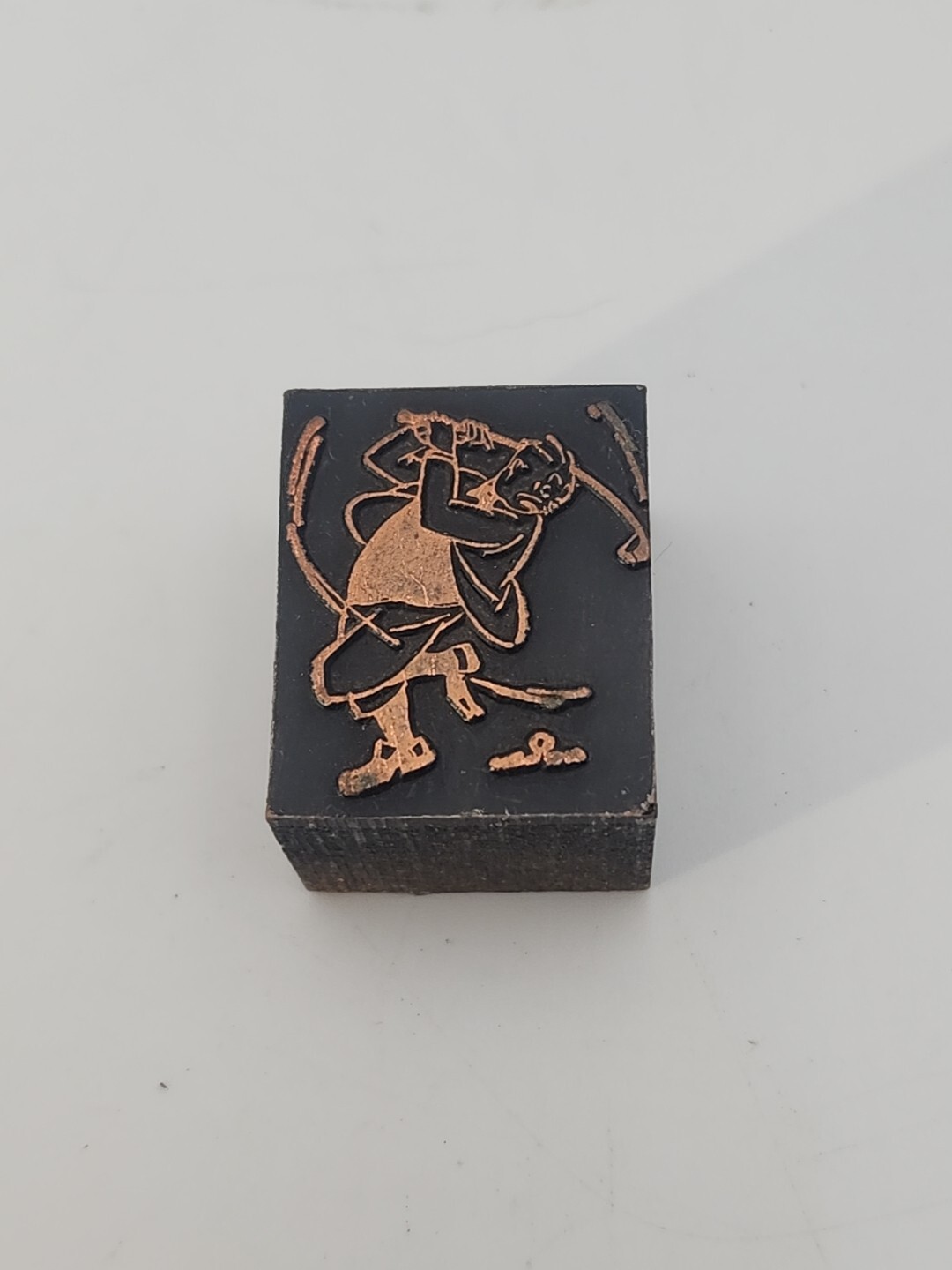 Vintage copper on wood GOLF cartoon man swinging letterpress printing block