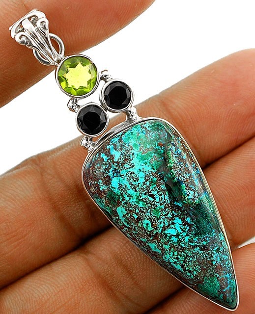 Natural Azurite & Peridot 925 Solid Sterling Silver Pendant Jewelry 