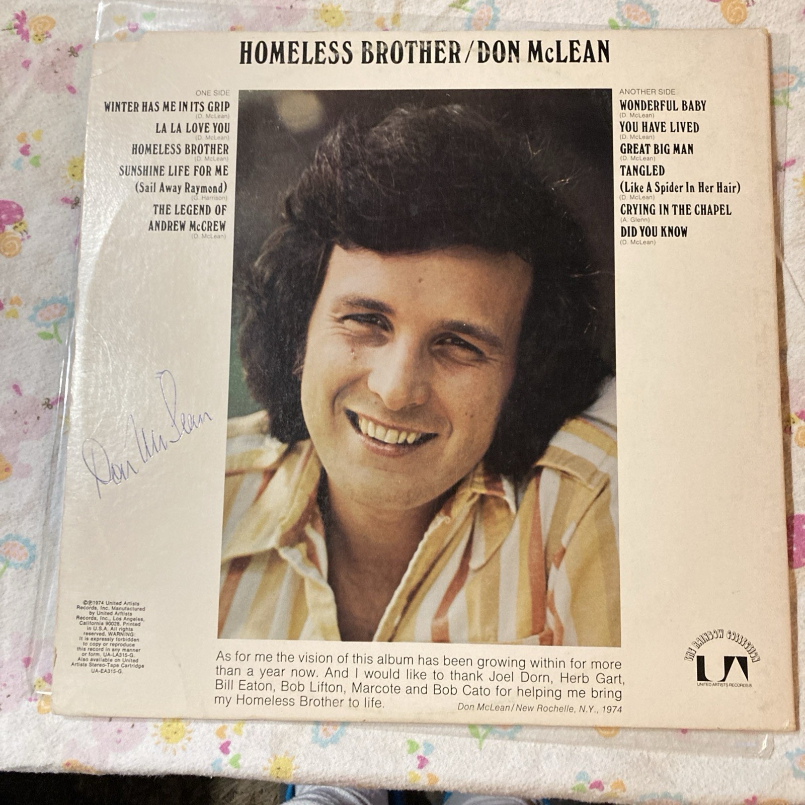 Don McLean Original Signed 1974 Homeless  Brother  Album Original Signature 1974
