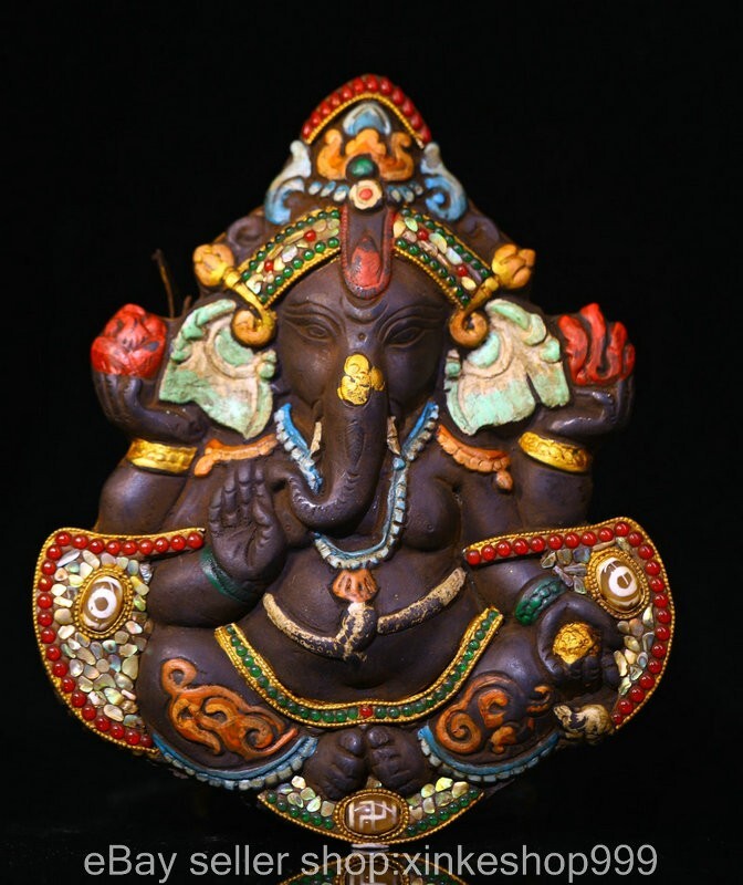 8" Old Tibet Copper inlay Gems Buddhism Elephant Trunk God of Wealth Statue