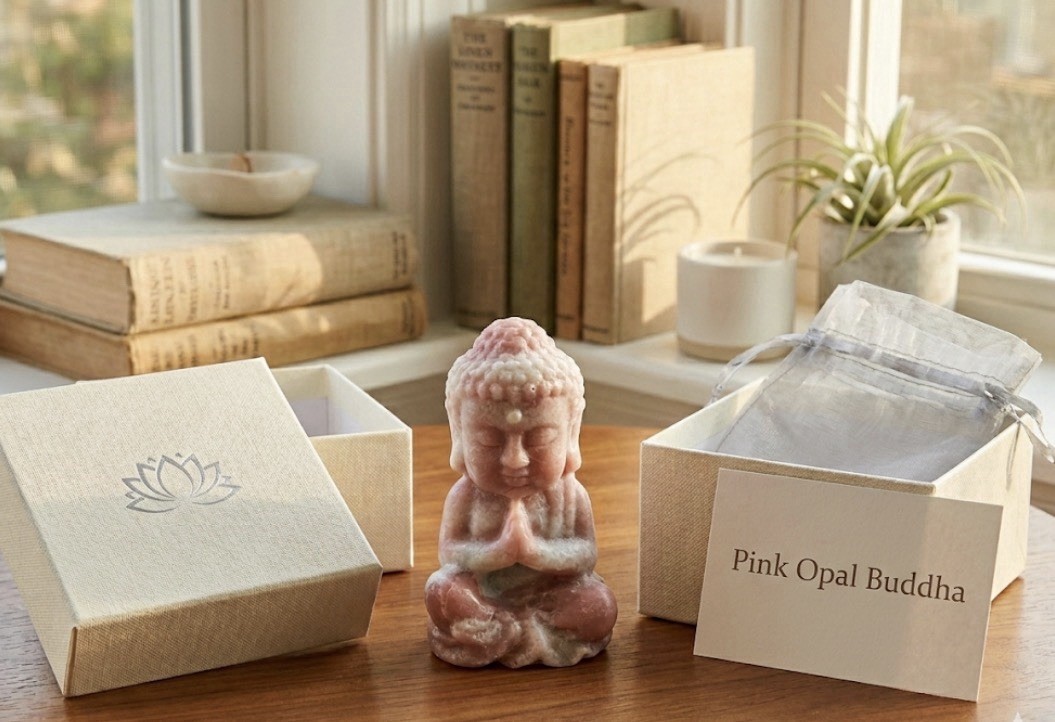 4.5in Pink Opal Buddha Hand Carved Crystal Healing  Stone Zen Gift Decor