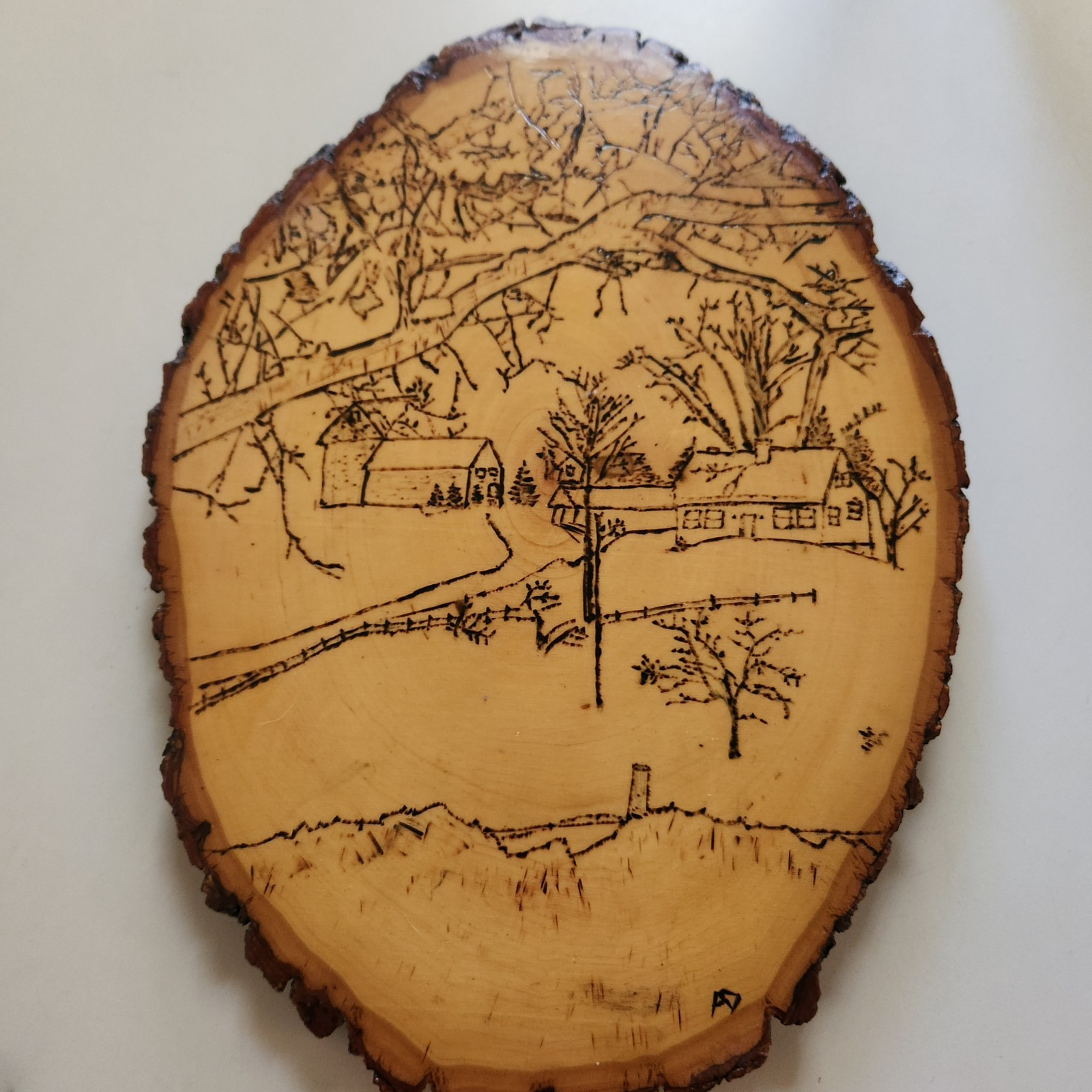 Vtg Wood Burning on Wood Slab Plaque Rustic Country Farmhouse Signed 13"x9" 