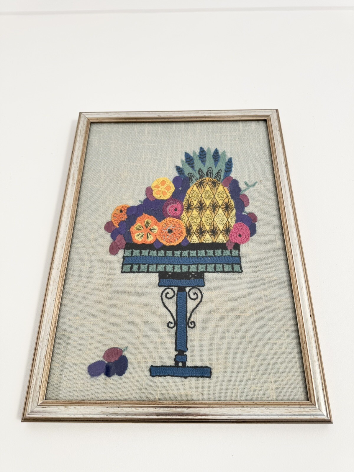 Vintage Framed Handmade Still Life Embroidery Wall Kitchen Decor Mid Century