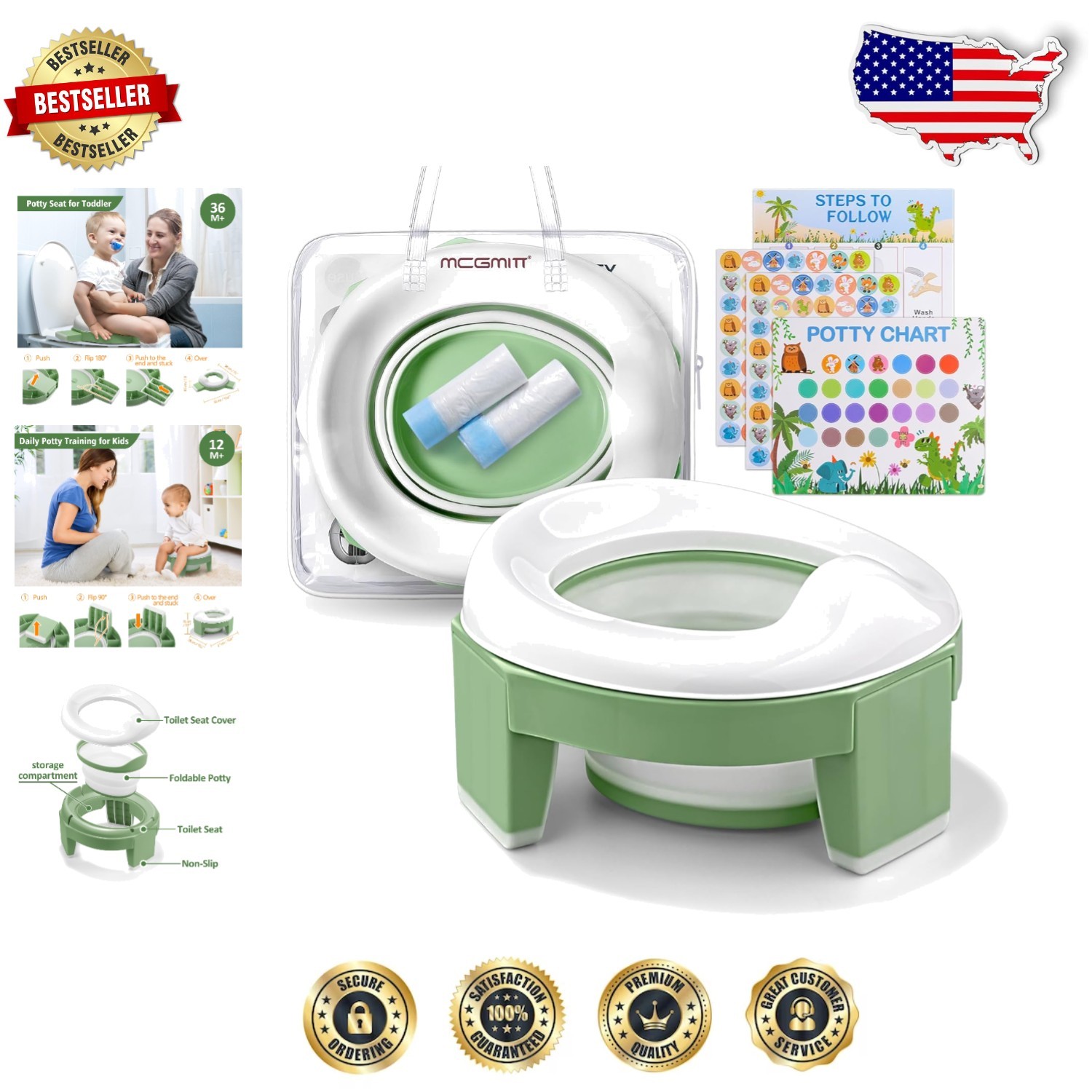 Green Foldable Toddler Potty Seat - Travel Training Toilet Chair Easy Clean