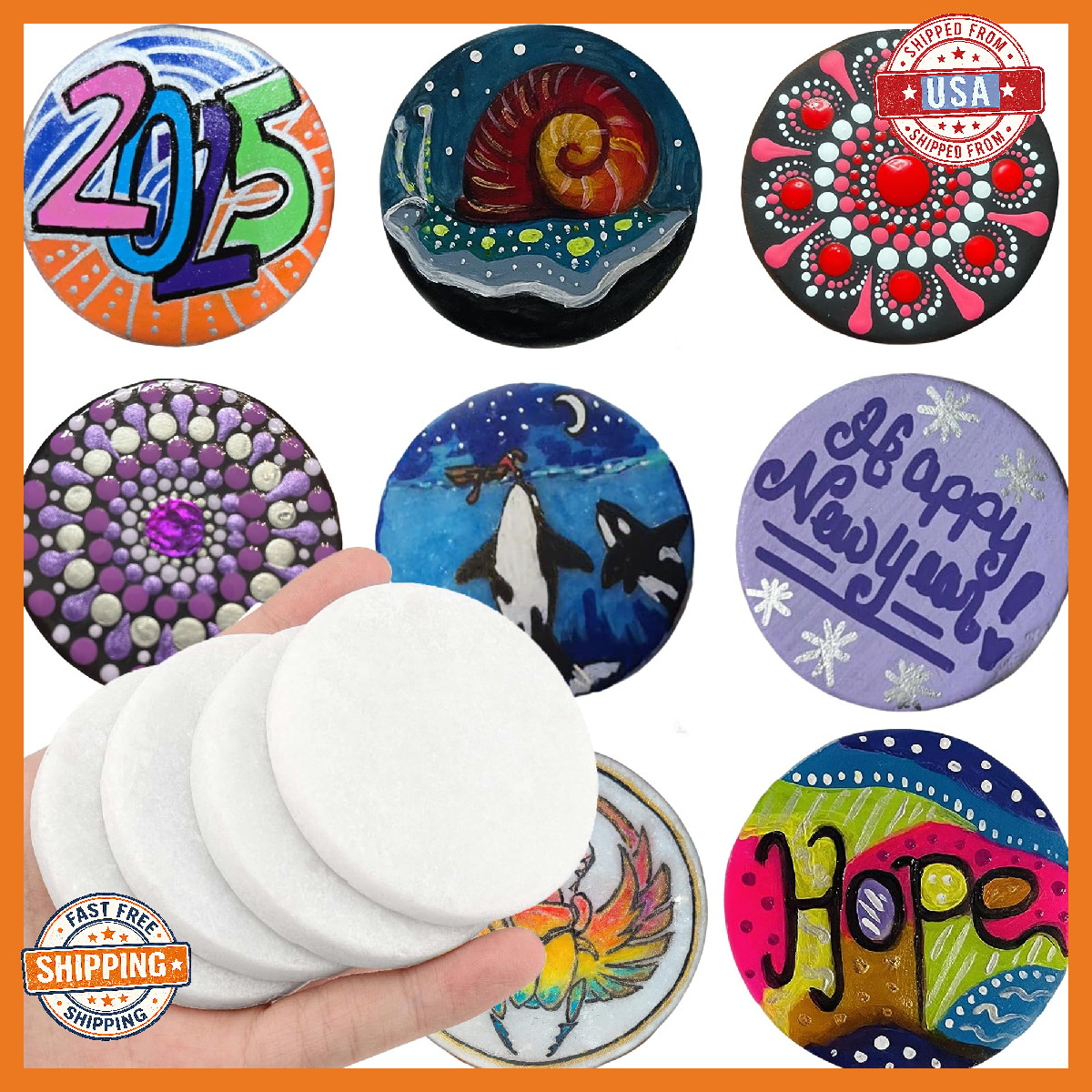 Lulonpon 60Pcs 2in White Round Smooth Flat Painting Rocks Bulk Art Craft