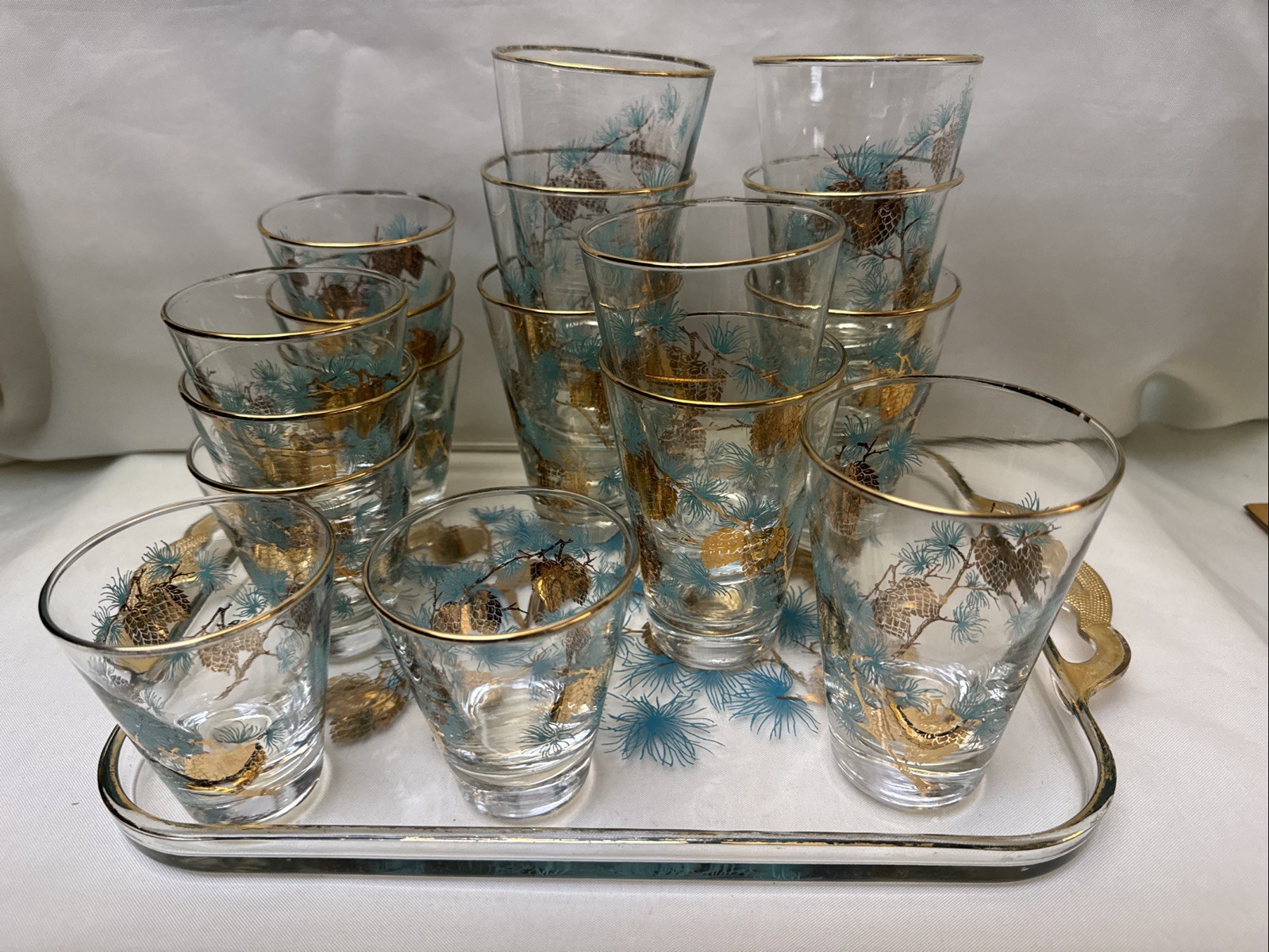 Vtg MCM David Douglas Pine Cone by Libbey 17 Glasses & Tray Turquoise With Gold