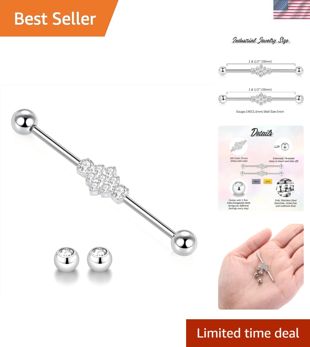 Externally Threaded Industrial Piercing Jewelry Surgical Steel 14G Barbell 38...