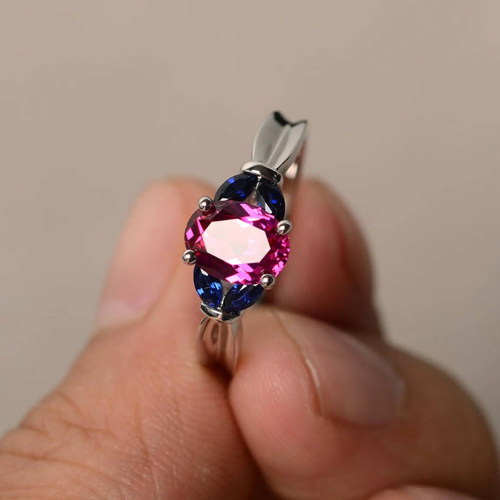 Red ruby ring, round cut, July birthstone ring, sterling silver, engagement ring