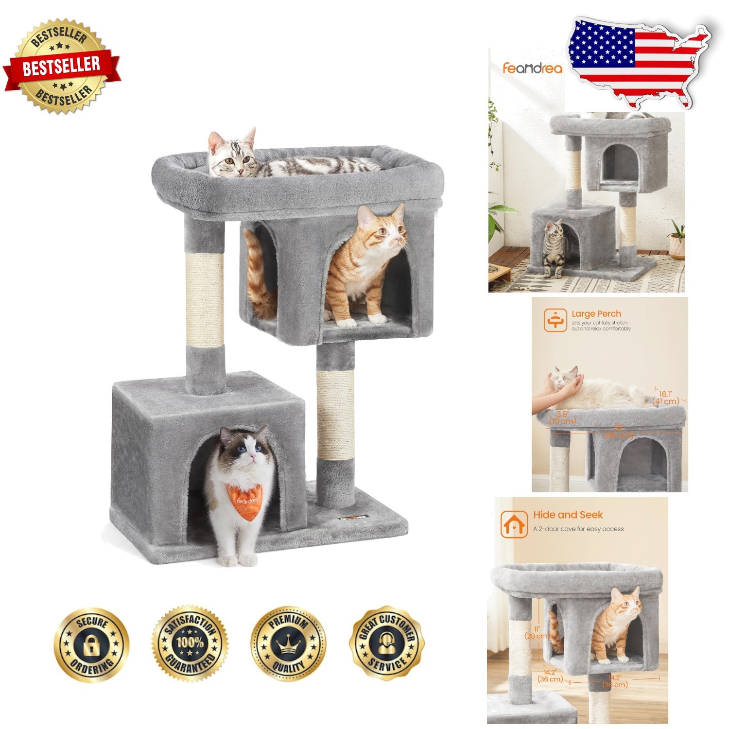Large Cat Tower 33": Plush Condo, Spacious Perch, 2 Caves, Sisal Scratch Posts