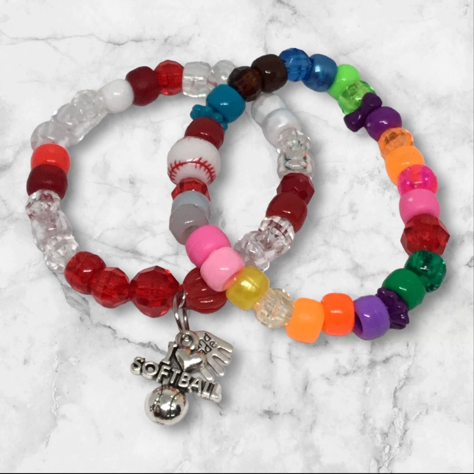Handmade Friendship Bracelet Softball Fans Unique Stretchy Charm Red Multi-Color