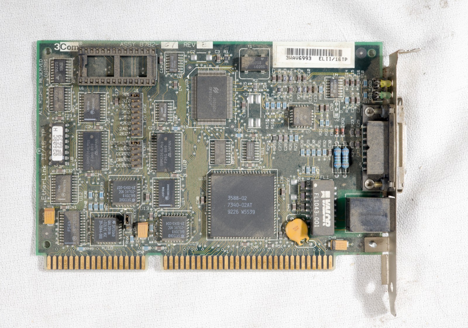 Vintage 3Com Etherlink II/16 TP 10BaseT AUI ethernet card 16 bit ISA ISAE26
