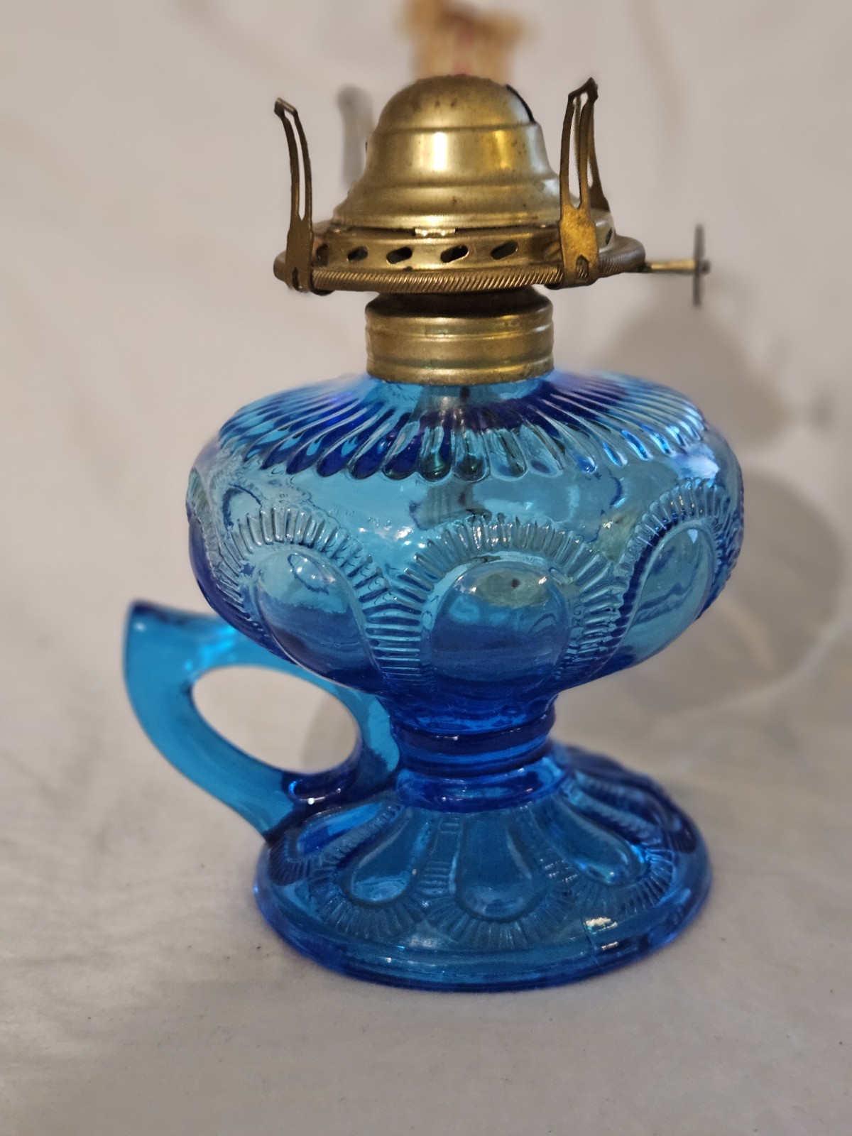 Blue Pressed Glass Oil Lamp Beaded Design with Brass Burner Indoor Use