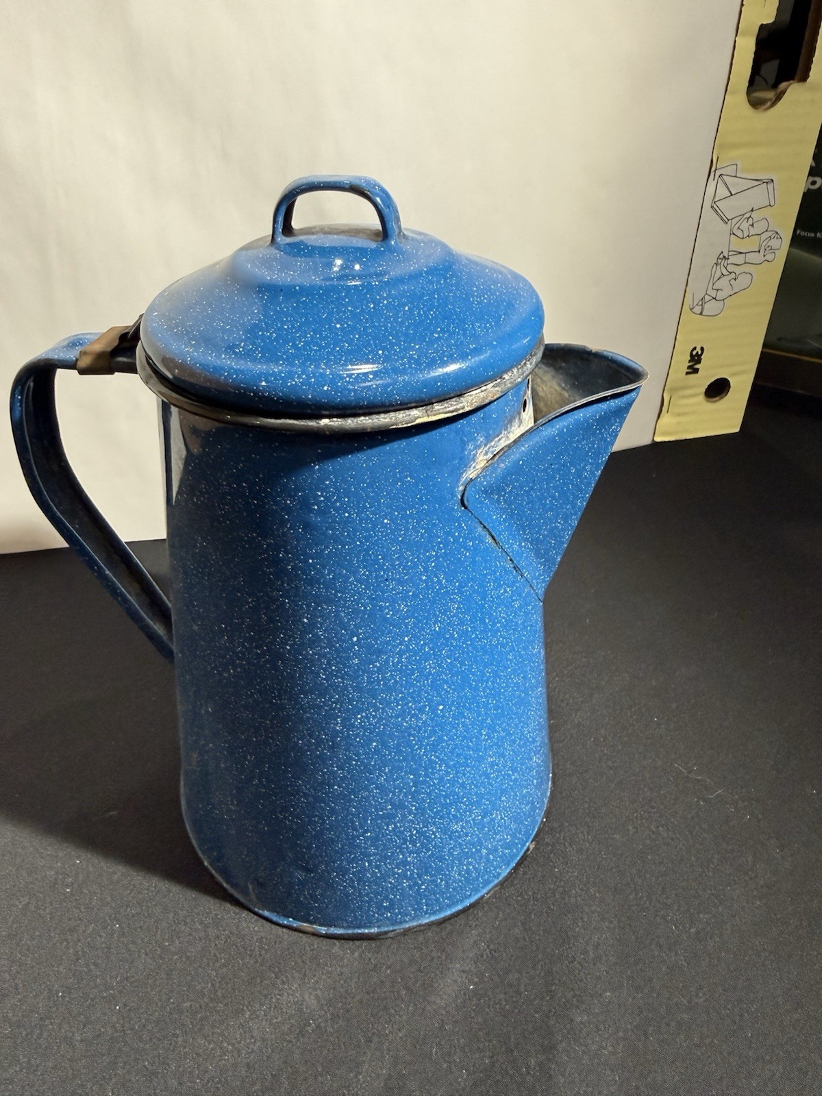 Enamel Blue and White Speckled Enamelware Coffee Pot 1950s