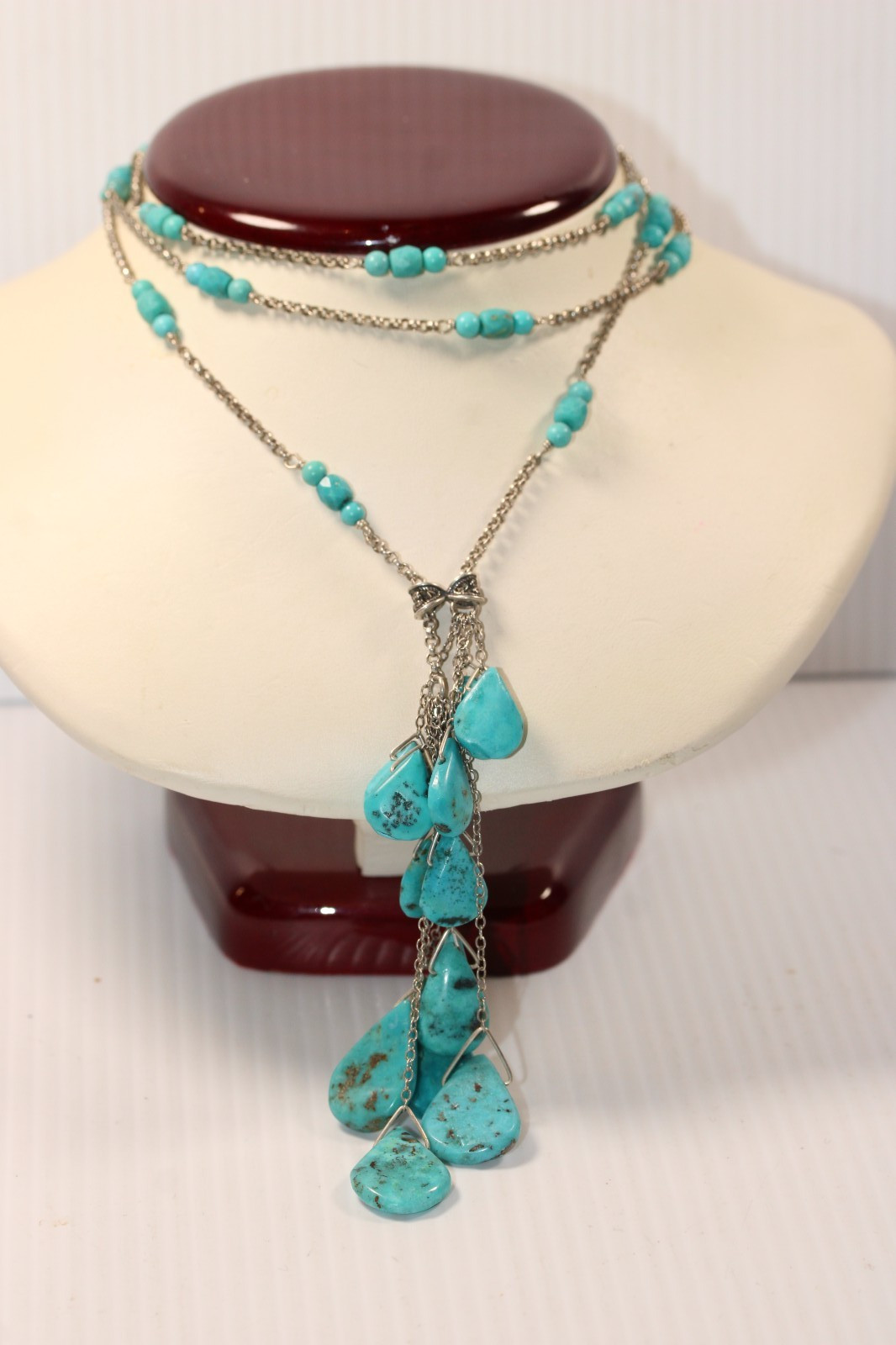 Native American Signed Turquoise Sterling Silver Tear Drop Lariat Necklace #0104