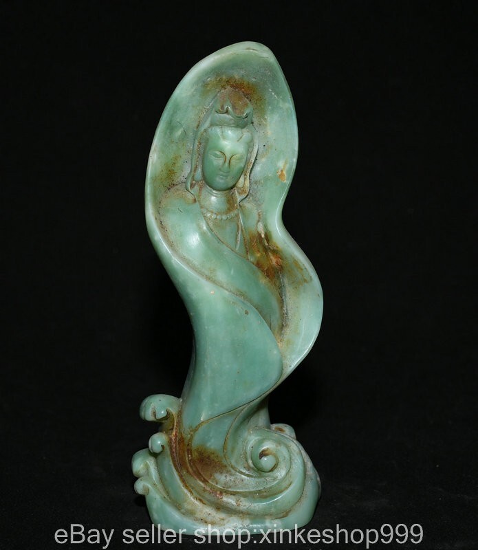 7.8" Chinese Natural Green Jade Carving Kwan-yin Guan Yin Goddess Statue