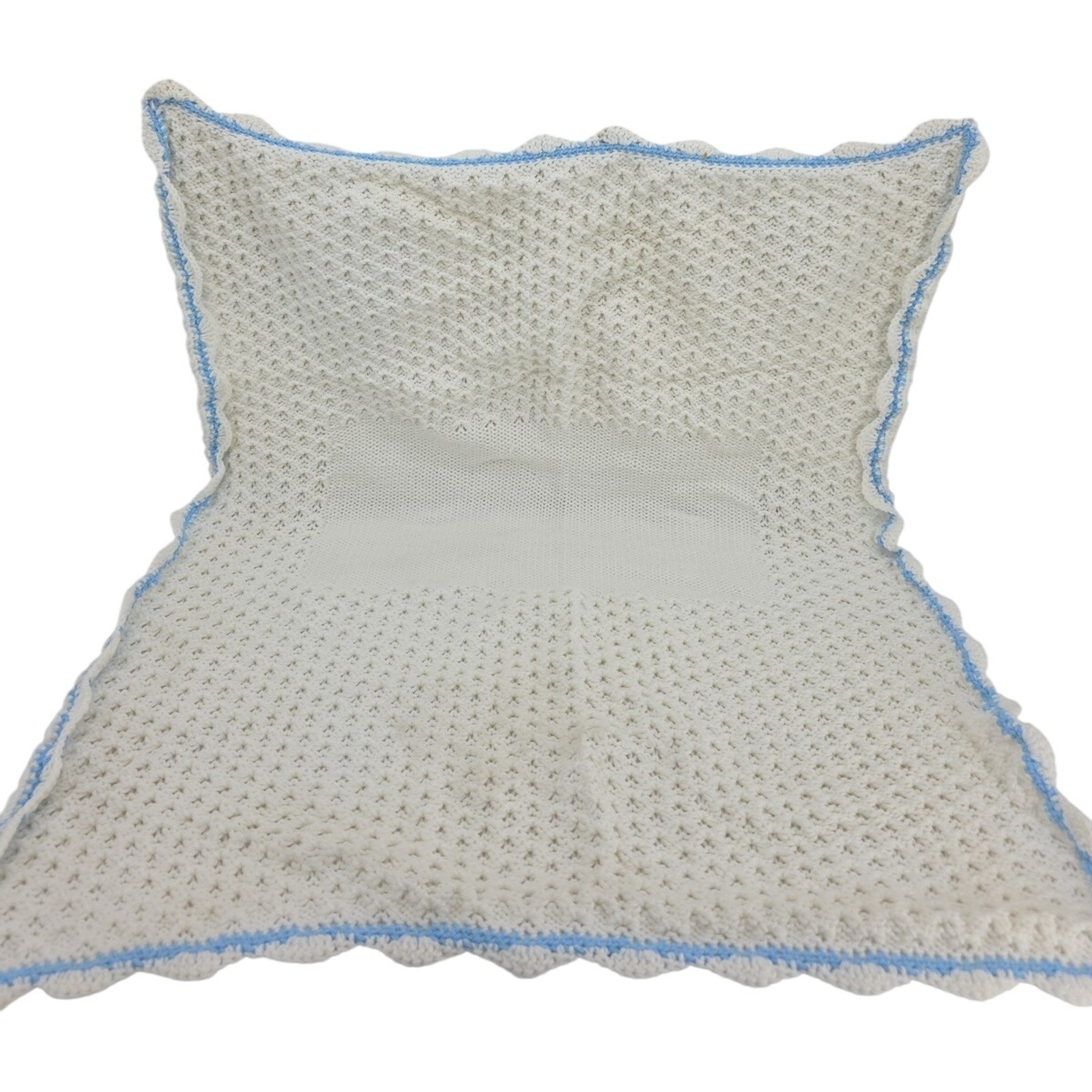 Vintage Handmade White Baby Blanket with Blue Trim Crochet Knit Pattern