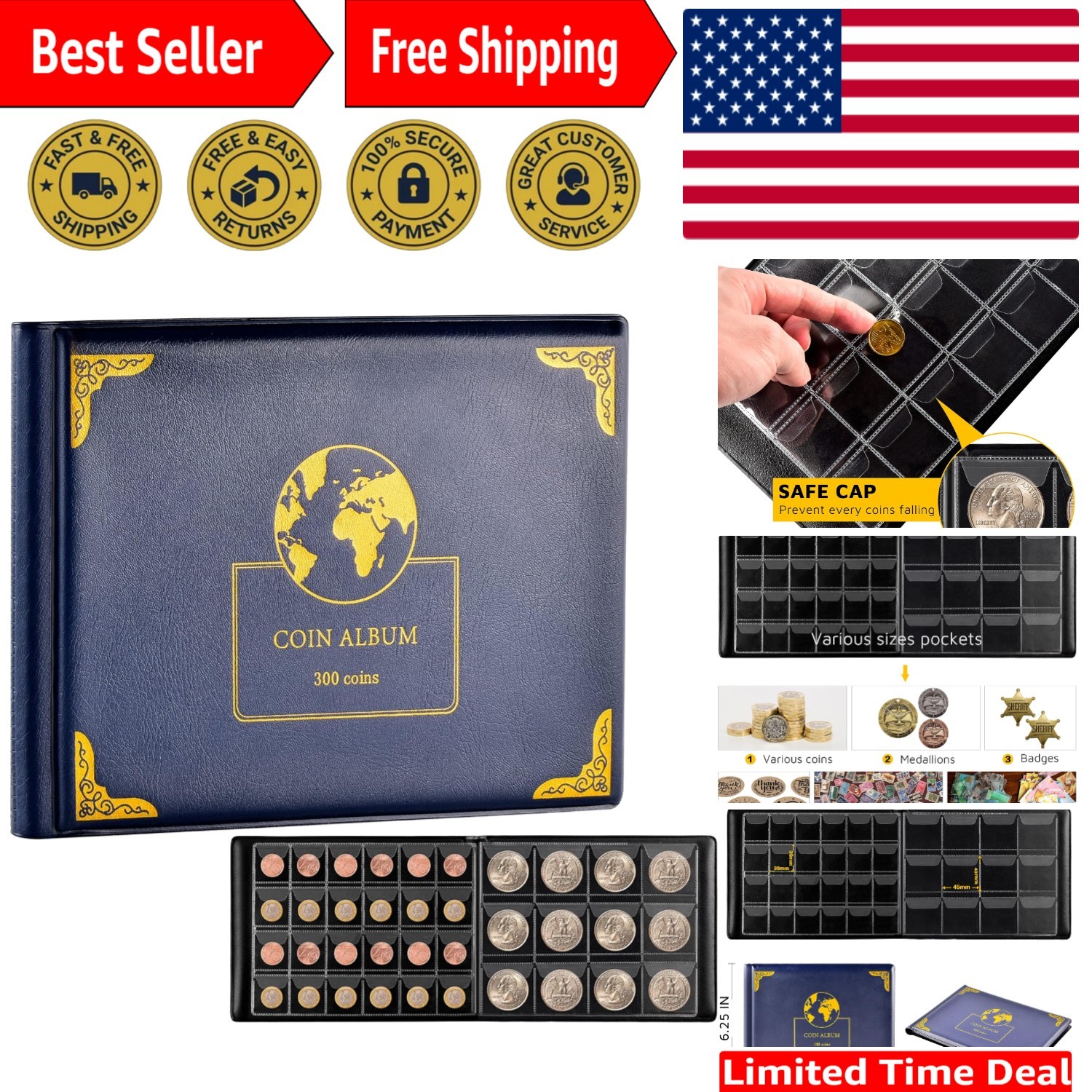 Coin Collectors Book with 300 Transparent Sleeves - Earth Pattern Blue