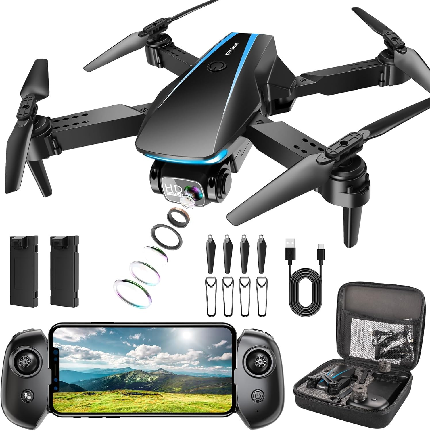 Drone with Camera - Drones for Adults, with 2 Batteries, Carrying Case, Propelle