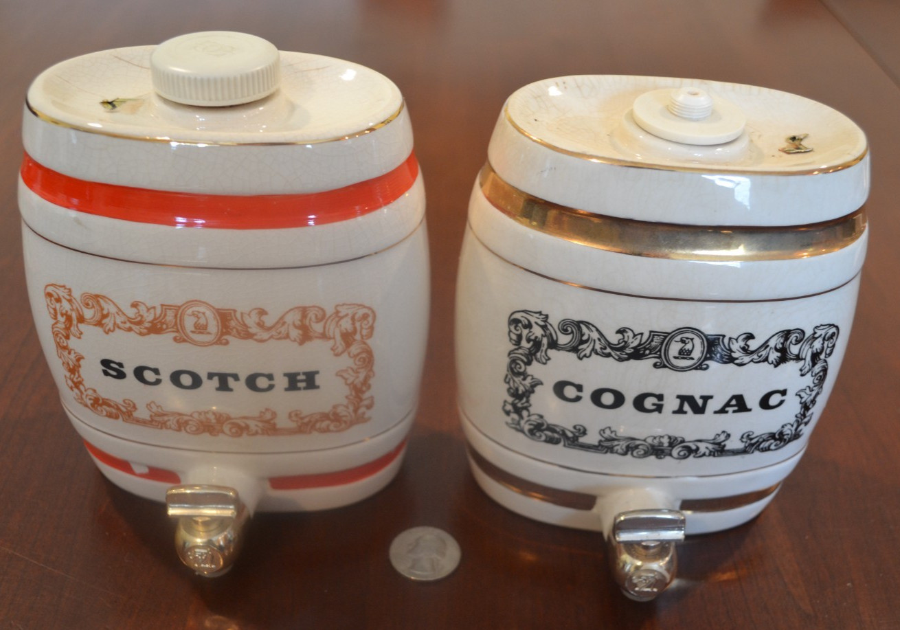 VINTAGE WADE ENGLAND CERAMIC COGNAC + SCOTCH DECANTERS ROYAL VICTORIA POTTERY