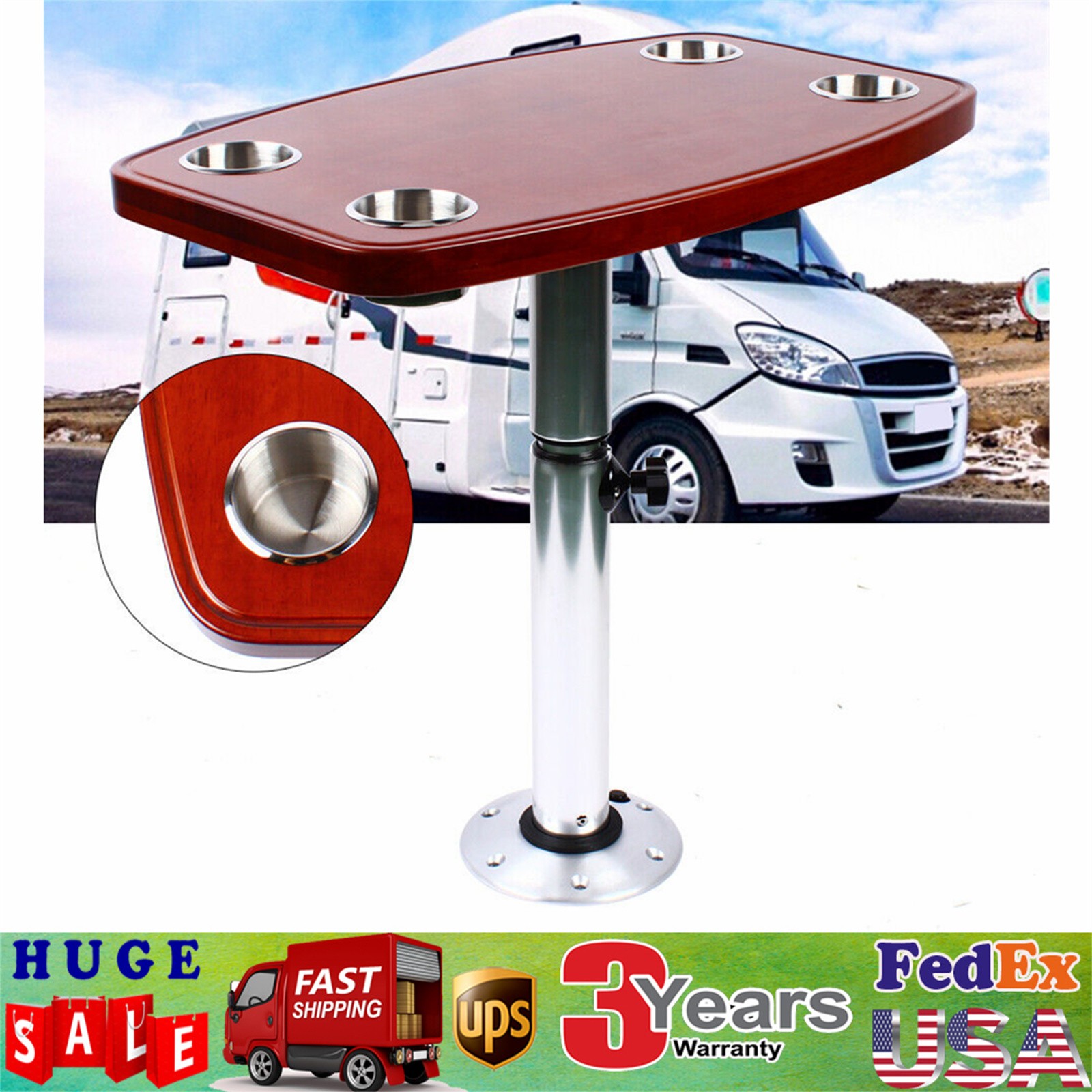 Marine Boat RV Adjustable Table Pedestal Removable Base +Varnished elm Table Top