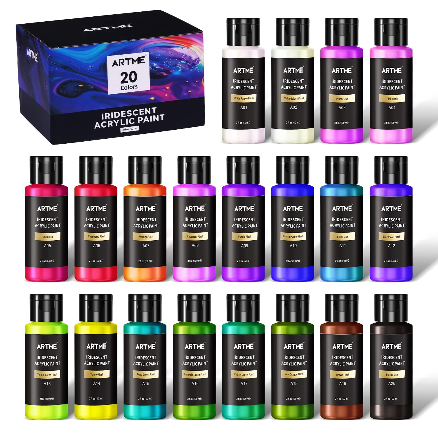 ARTME Iridescent Acrylic Paint Set, 20 Chameleon Colors in 2 oz/60ml Bottles, Co
