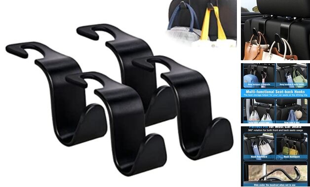 Amooca Car Seat Headrest Hook 4 Pack Hanger Storage Organizer Universal Black
