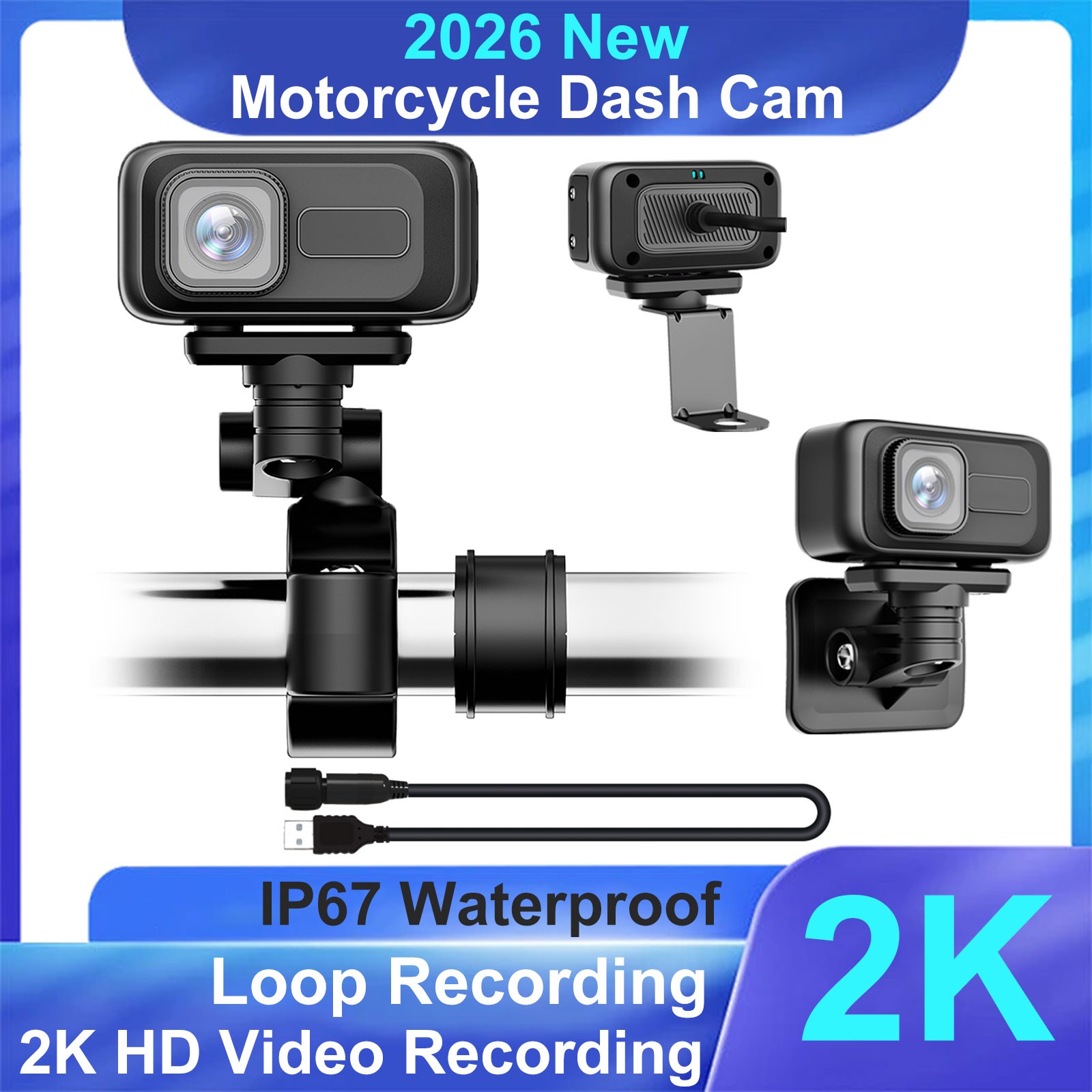 Motorcycle Dash Cam 2K HD 140° Wide Angle 64GB Card Waterproof Anti-Shake Camera