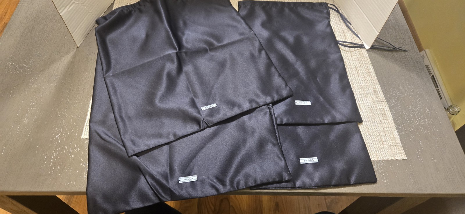 4  Prada Satin Dust Bags 14”x8” & 15"x13" NEW DRAWSTRING GREAT FOR TRAVEL 
