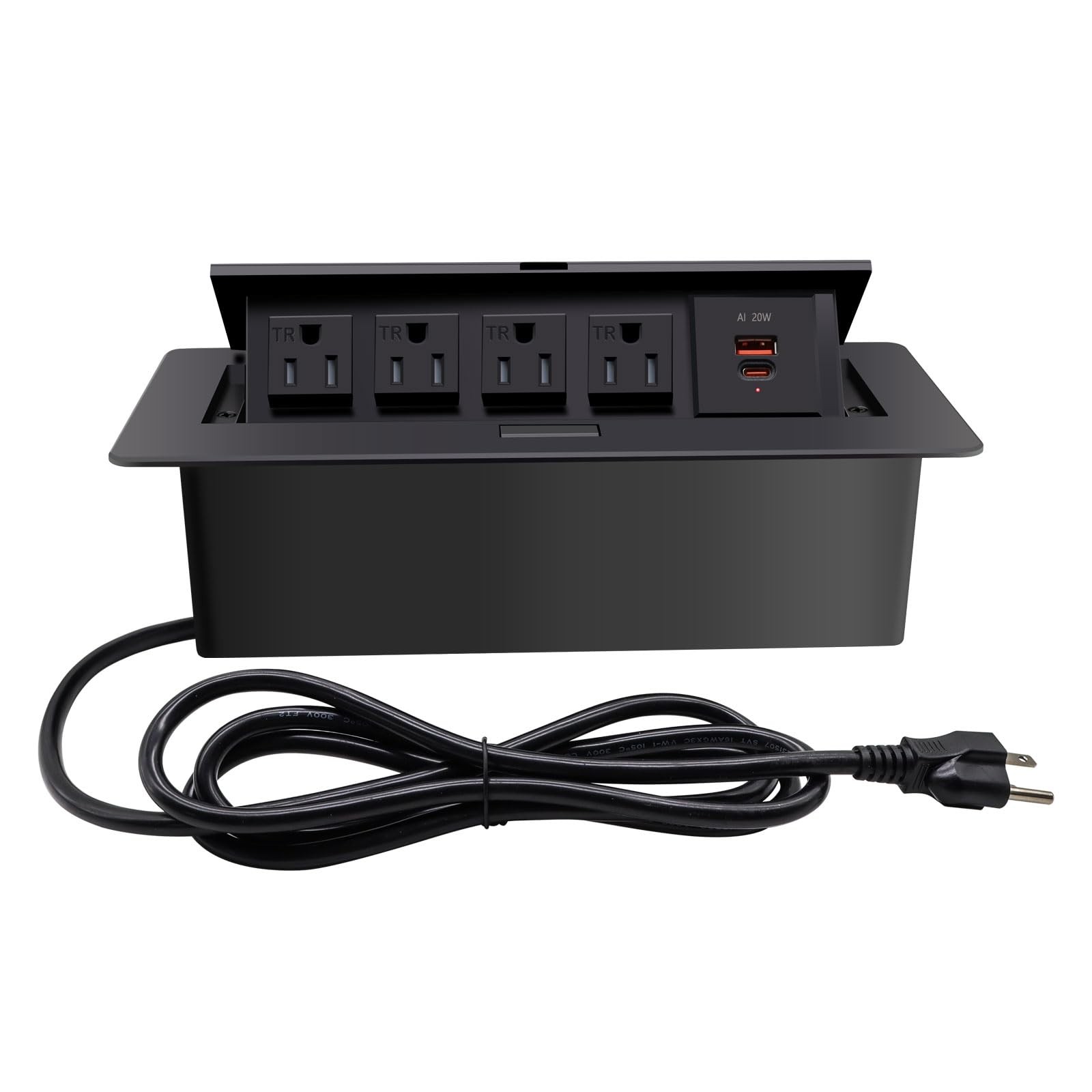 Pop Up Outlet Power Strip: 4 AC, USB-C, 6.5ft UL Cable, Embedded Countertop
