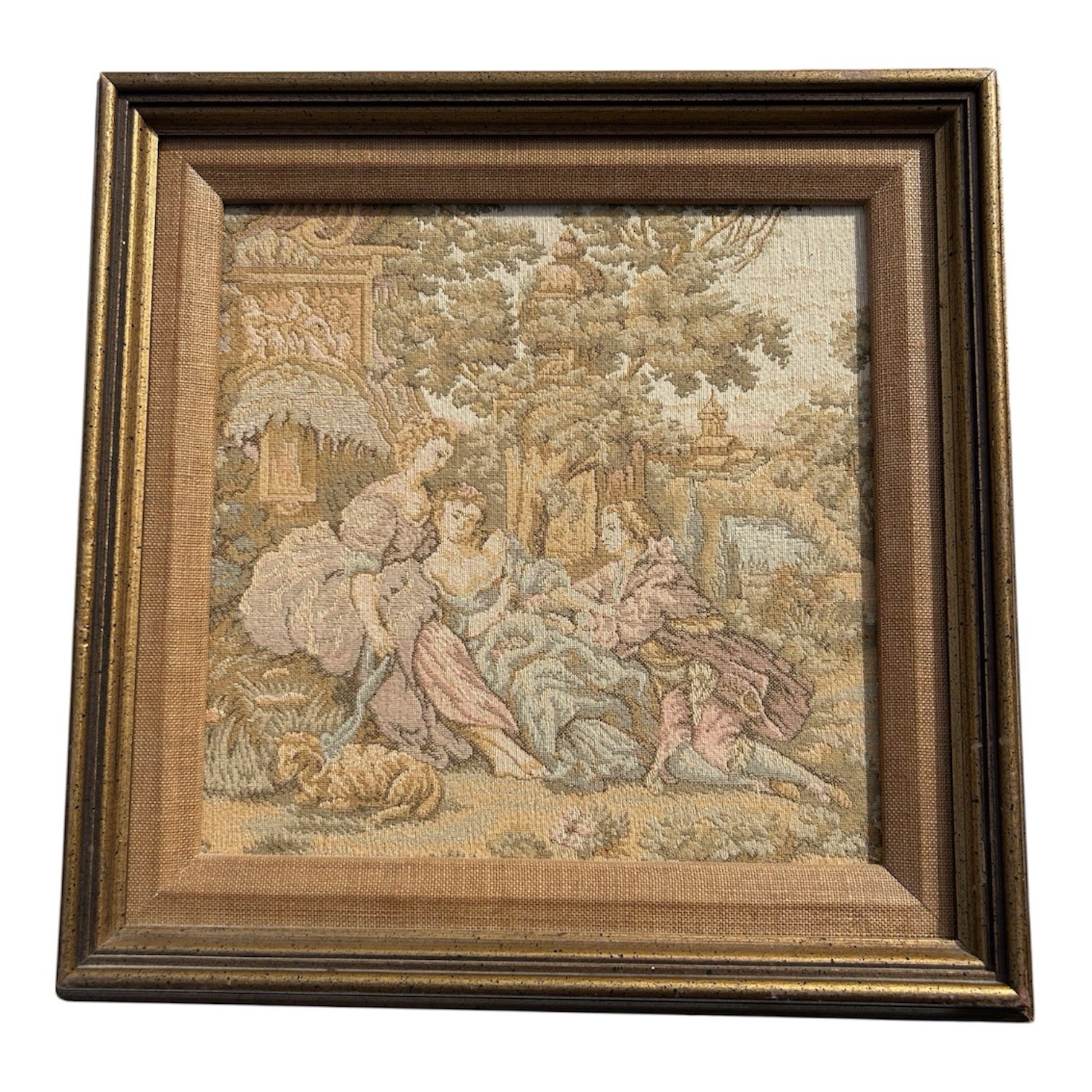 Early 20th C Framed Woven Tapestry Panel Rococo Pastoral Scene c. 1905–1925