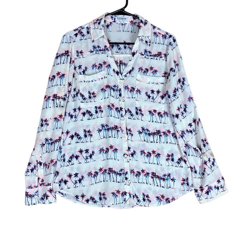 Express Womens Blouse White Palm Tree Portofino V Neck Button Down Sheer M