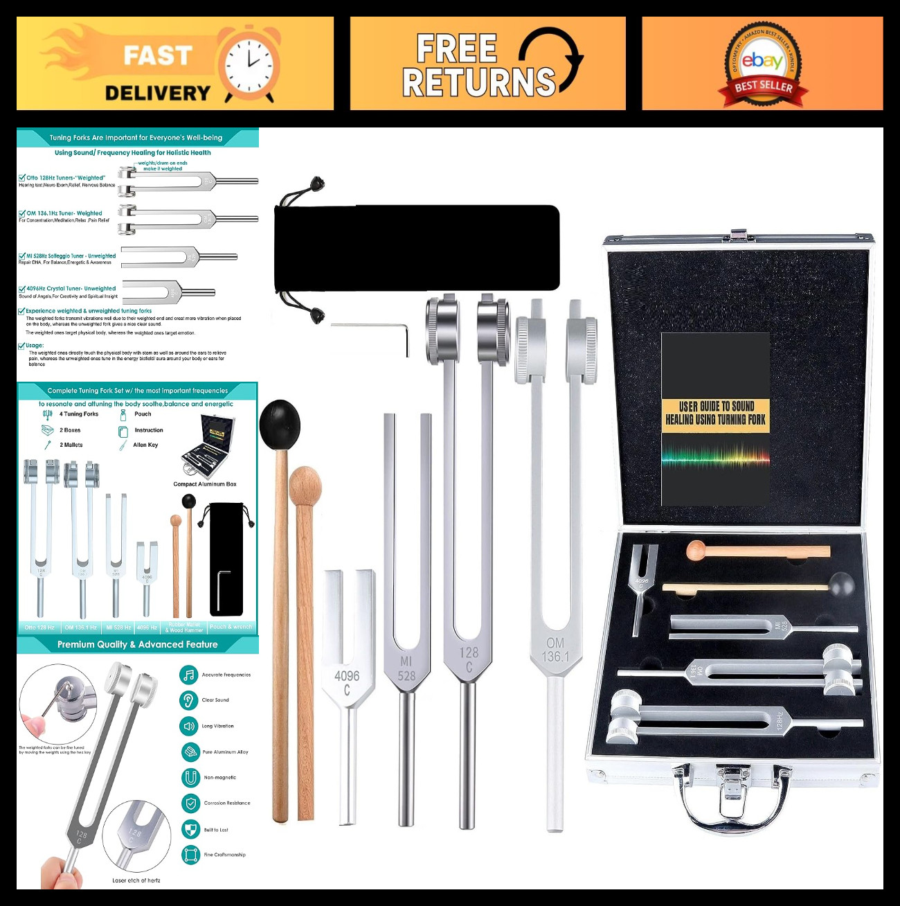 4Pcs Healing Tuning Fork Set for Sound Therapy & Meditation, Chakra & Solfeggio,