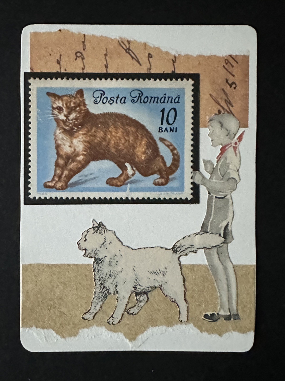  ACEO original art card collage hand-cut paper child cats postage stamp museum
