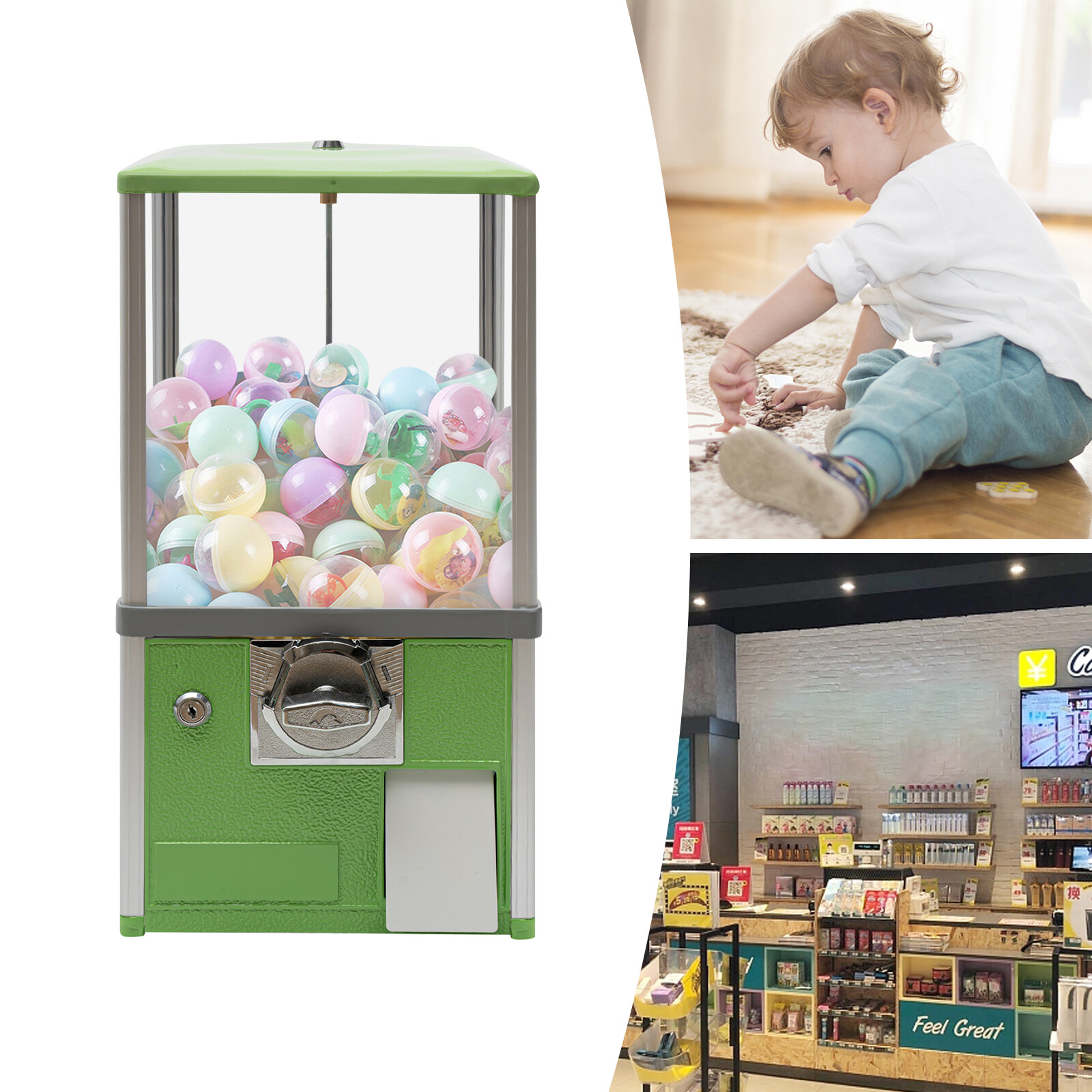 25-cent Gumball Machine 20" H Vending Coin Bank Vintage Gumballs Dispenser Green