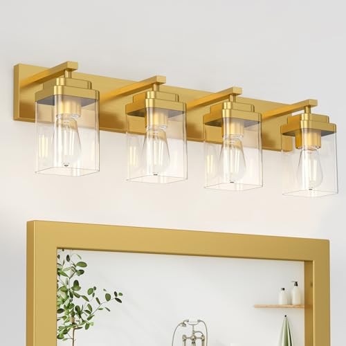 Brushed Bathroom Light Fixtures, 4 Lights Bathroom Lighting 4-Light Gold