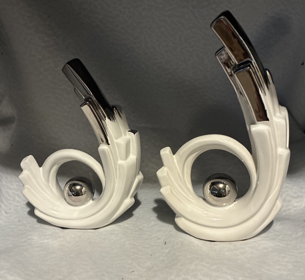 LCCCK 2 Pc Set Abstract Ceramic Statues In White And Silver