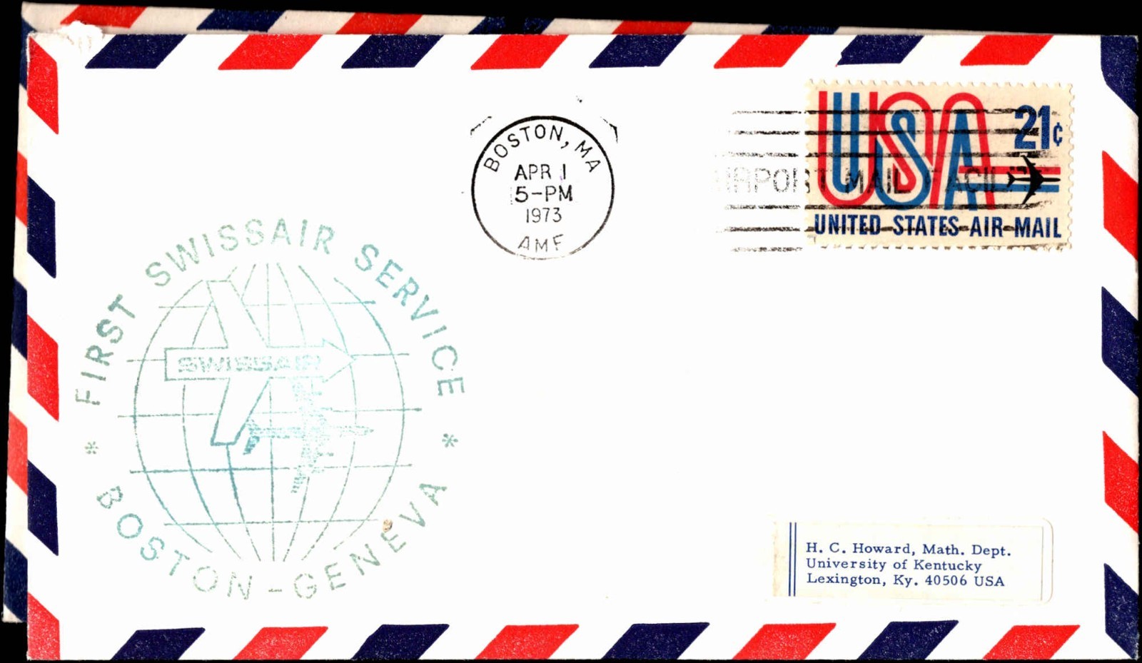 1973 Swissair First Service Cover Boston MA USA Air Mail
