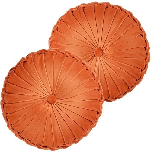  Round Pleated Velvet Throw Pillows Pcs Decorative Accent Pumpkin 2 Orange